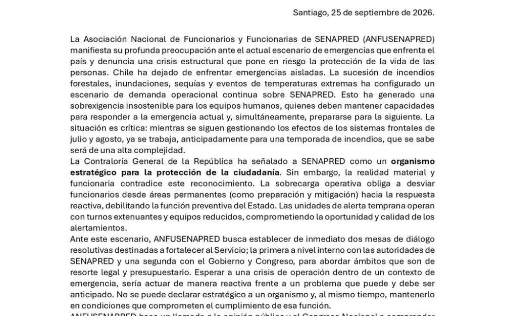 Funcionarios de Senapred alertan por crisis estructural y riesgo para la protección de la vida