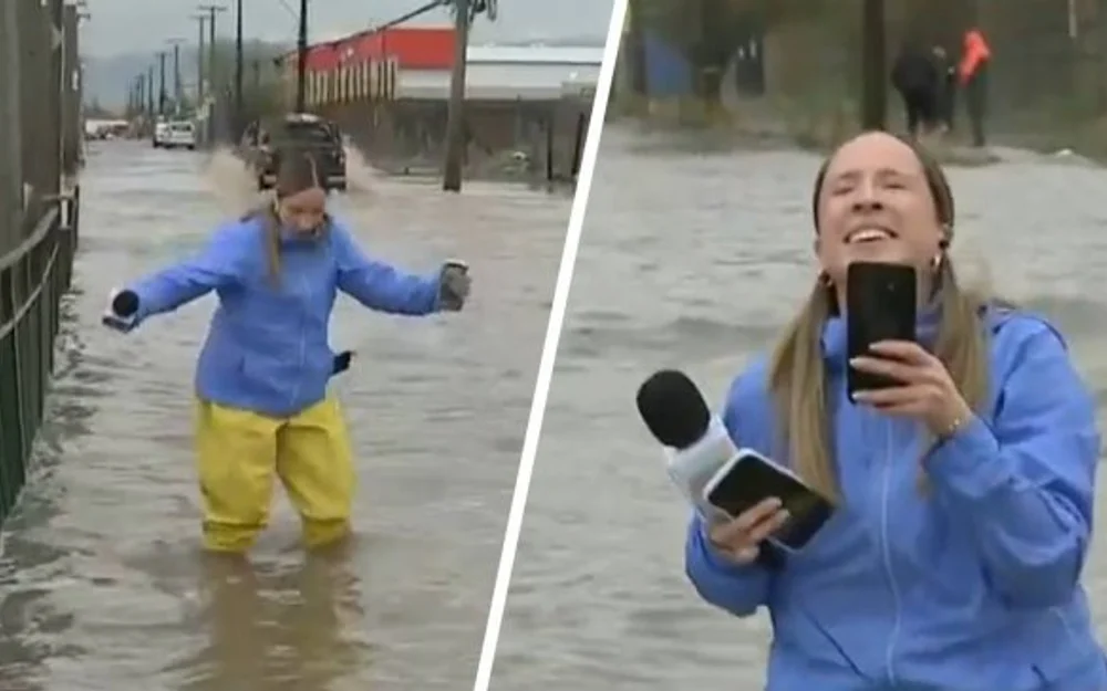Periodista de TVN perdió su celular en una calle anegada mientras bailaba en vivo