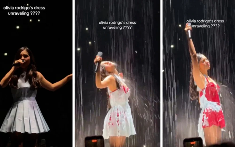 Olivia Rodrigo abre su gira con un vestido que se deshace bajo la lluvia en pleno show